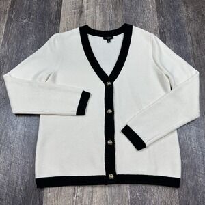 Talbots Womens Petite Small Cardigan Sweater Ivory Black Trim Gold Crest Buttons